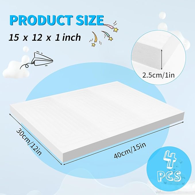 LuckyFoam White 4 Pack 15x12x1 inch Foam Sheets 1 Inch Thick Polystyrene Rectangles XPS Foam Board Craft for Insulating DIY Modeling Art Supplies
