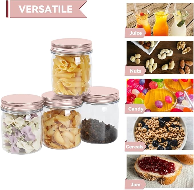 novelinks 8 oz Clear Plastic Jars with Screw-On Lids - BPA-Free Refillable Storage Containers for Slime, Spices, Crafts, Kitchen & Home Organization (16 Pack,Rose Gold)