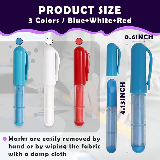 3PCS Sewing Chalk for Fabric, Wipeable and Washable Fabric Chalk for Sewing, Tailors Chalk for Fabric Etailed Marking on Fabrics, Cottons, Leathers - Blue, White, Red