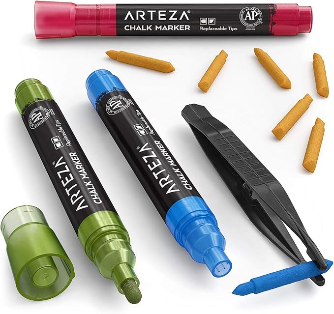 ARTEZA Liquid Chalk Markers, 42 Colors Pack with 50 Chalkboard Labels, Fine Tip Chalk Pens for Blackboard, Whiteboard, Windows, Mirrors, Glass