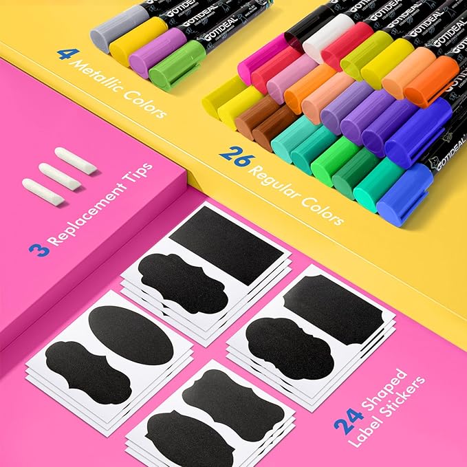 GOTIDEAL Chalk Markers, 30 Colors Liquid Chalk Markers for Blackboard Chalkboard Calendar Glass Neon Pens, Washable Window markers Paint and Drawing for Car, Auto, Bistro,Mirror Wet Erase Chisel Tip