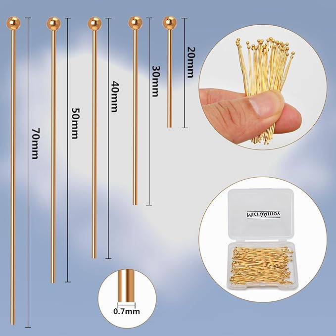 260pcs 18K Gold Filled Ball Pins Non Tarnish Craft Earring Bracelet Jewelry Making Accessories Supplies (20mm (0.78in）, Gold-Ball Pin)