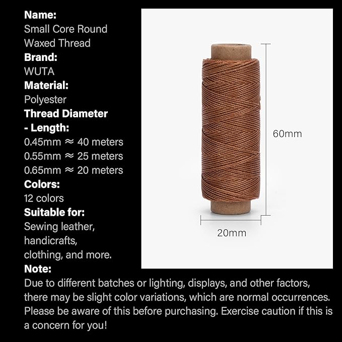 WUTA Leather Waxed Thread Round Polyester Sewing Threads Leather Craft Hand Stitching Line DIY Bracelet Thread Repair Work Cord with 12 Pcs Needles and Storage Bag (0.65mm)