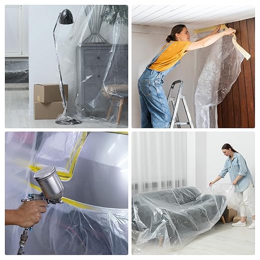 HARFINGTON 3 Rolls Pre-Taped Masking Film 157.5" x65.6ft Double Adhesive Tape and Drape Painters Plastic Drop Cloth Film with Tape Plastic Sheeting for Automotive Painting Covering