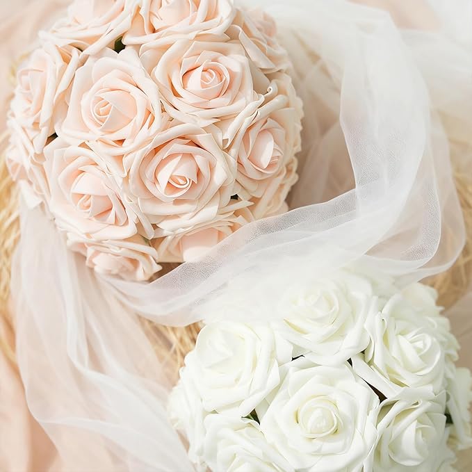 Artificial Flowers Foam Fake Roses 25pcs Mix Colors Roses with Stems for Home Decor DIY Wedding Bouquets Party Bridal Shower Centerpieces Faux Flower Arrangements Tables Decorations