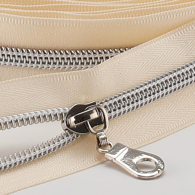 Sawoake 10 Yards Bulk Zipper(#5), Beige Nylon Coil Zipper with Silver Teeth by The Yards, Replacement Sewing Zipper with 10PCS Zipper Sliders for DIY Sewing Craft Bags(#5 Silver Beige)