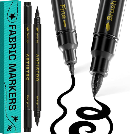 ARTISTRO 2 Black Dual-Tip Fabric Markers - Fabric Decorating Kit - Permanent for Clothes - Acrylic Paint Pens for Sneakers, Bags, Shoes, Textile, Canvas, Sewing, Craft, Laundry - Brush and Fine Tip