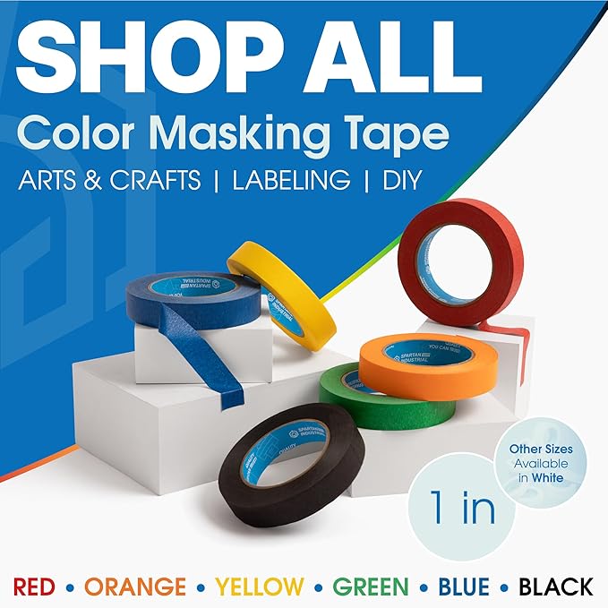 Spartan Industrial - 1" X 60 yd Black Masking Tape - 12 Colored Tape Rolls for Bundling, Labeling, and More - No Residue, 5.5 Mil
