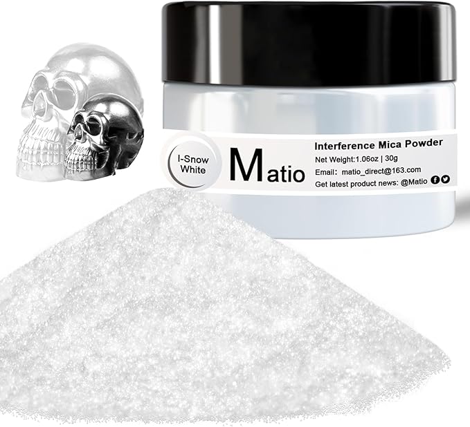 Matio Interference Mica Powder, 1.06oz/ 30g Snow White Chrome Powder, Pearlescent Effect Color Shift Pigment for Epoxy Resin, Makeup Shimmer,Nail Polish,Soap Dye,Candle Making,Paint,Slime Pigment