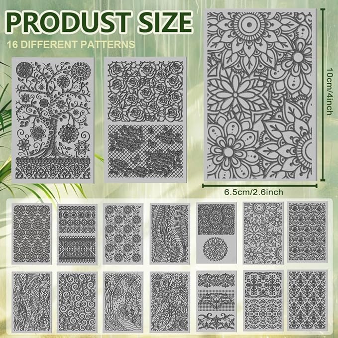CHGCRAFT 16 Sheets 16 Styles Retro Lace Polymer Clay Texture Mat Mandala Tree Modeling Pattern Pad Bohemian Texture Sheets for Polymer Clay Making Earrings Jewerly Tools, 4×2.6 inch
