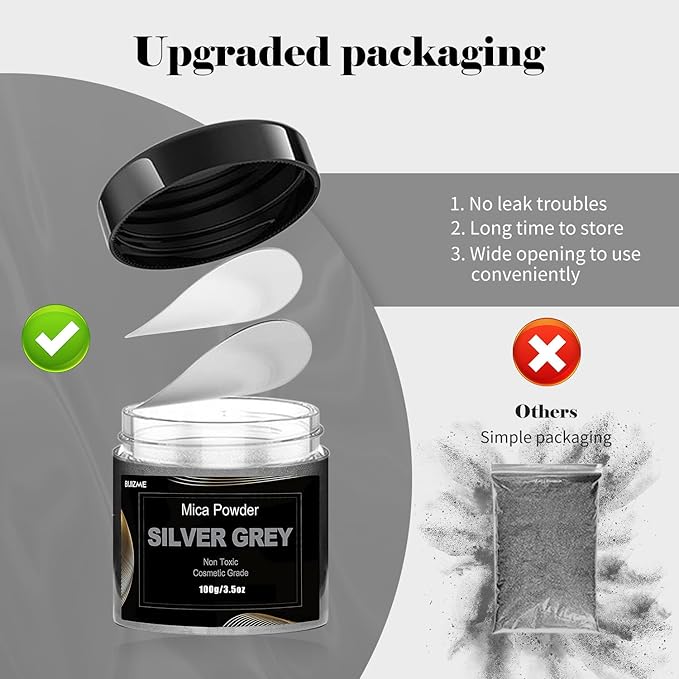 Silver Mica Powder Pigment (100g) -Cosmetic Grade Metallic Mica Powder for Epoxy Resin, Lip Gloss, Soap,Candle Making,Bath Bombs,Tumblers, Jewelry, Dyes, and DIY Crafting Projects(Silver Grey, 3.5oz)