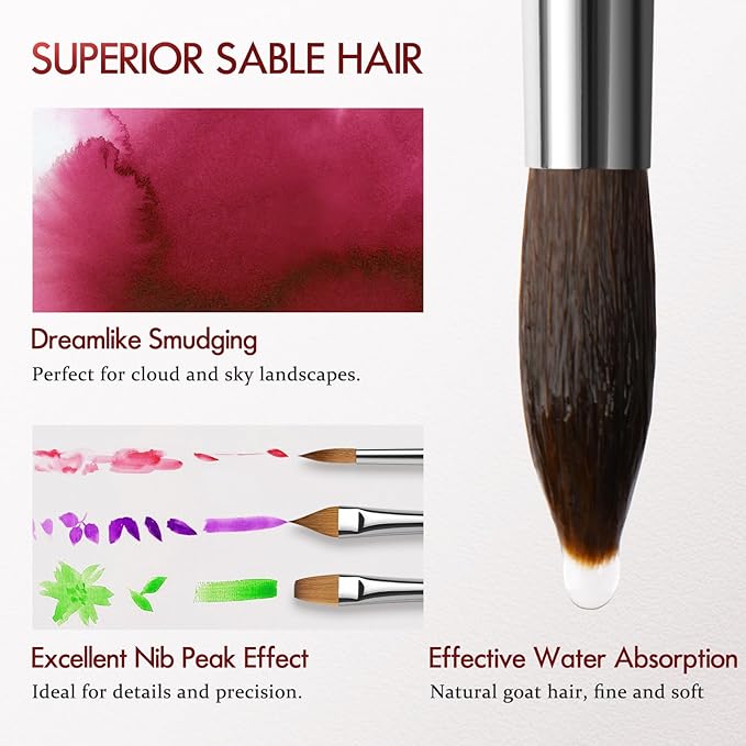 Sable Paint Brushes Professional Watercolor Paintbrushes Set for Artists 9pcs, Ideal for Watercolor, Acrylic, Includes Round Pointed, Flat, Cat's Tongue
