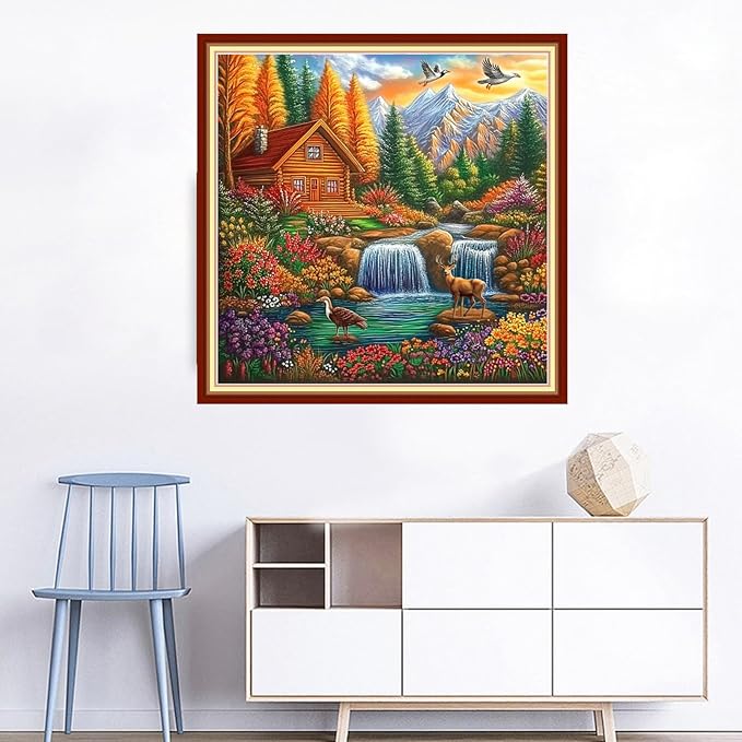 Joyhoor Cross Stitch Kits for Beginners Stamped Cross-Stitch Supplies Needlework preprint Embroidery Kits for Adults DIY Needlepoint Kits Embroidery Patterns 11CT-Autumn Waterfall Home 18x18 inchs