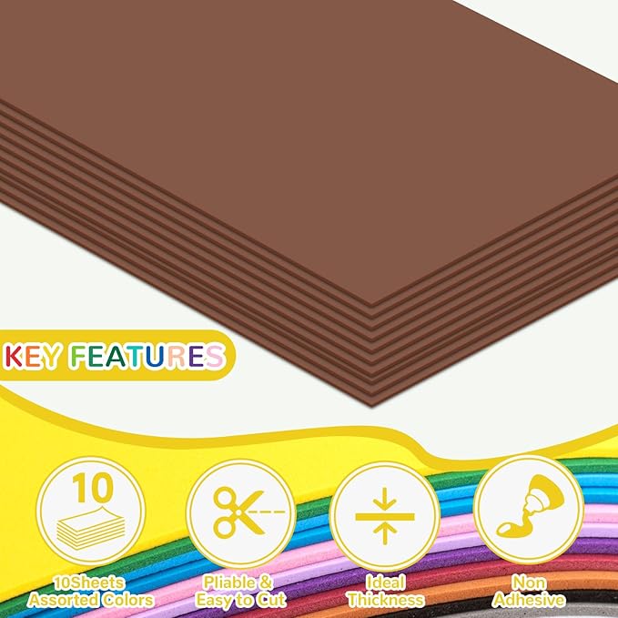 10 Pack Foam Sheets Craft 8 x 12 inch, Eva Color Foam Paper for Art Crafts Projects, Classrooms Scrapbook Gift DIY Cutters Card Party Decoration (Brown)