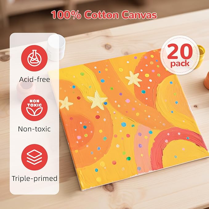 6x6inch Small Canvases for Painting, 20 Pack Mini Canvas Boards Primed Acid Free for Oil, Watercolor, Acrylic Paint