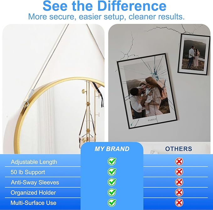 Picture Hanging Kit for Frames & Mirrors - Picture Hanging Wire Kit, 4 pcs Adjustable Wire 2 m (6.56 ft) x 1 mm with Clips, 50 lb; 8 3-Hole D-Ring Hangers; Braided Heavy Duty Cord; Wall Hardware, Art