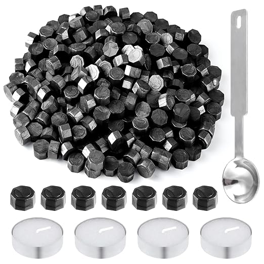 500 Pcs Octagon Sealing Wax Beads Black Wax Seal Beads with 4 Pcs Tea Candles and 1 Pcs Wax Melting Spoon for Crafts Letter Wine Greeting Cards Sealing