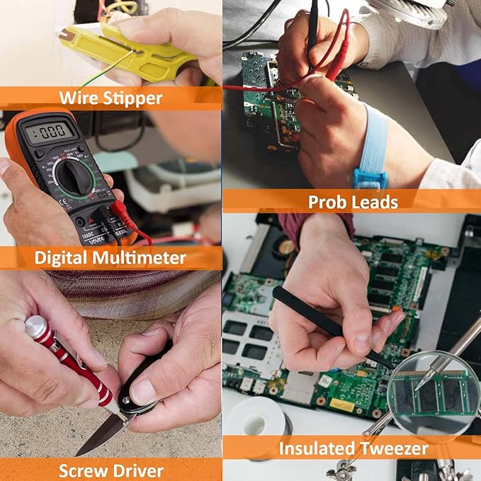 Electric Sodering Iron Kit set 110V 60W Adjustable Temperature Soldering Iron Digital Multimeter 5pcs Soldering Tips Solder Wire Stand, Desoldering Pump Tweezers Welding Tool Screwdriver wire stripper