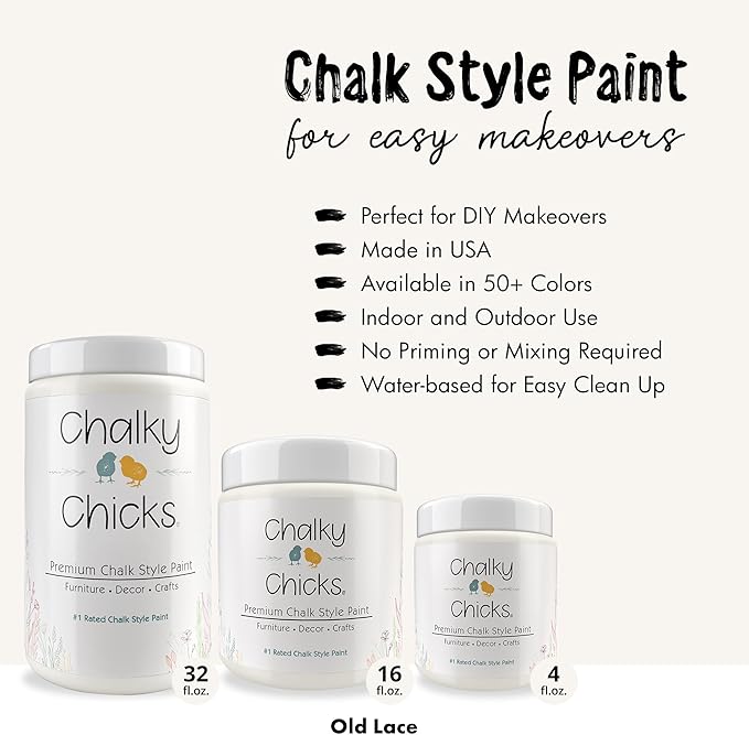 Chalky Chicks All-in-One Chalk Paint for Furniture or Cabinet - 16 Fl Oz - Matte Finish Old Lace (Off White) for Metal, Wood Furniture Paint - No Sanding All-in-One for Home Decor & Crafts, USA Made