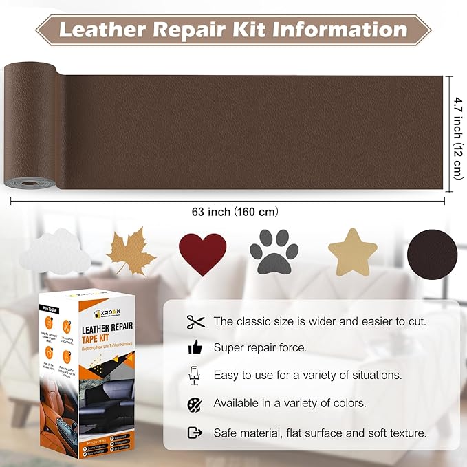 Leather Repair Tape, 4.7x63 inch Leather Patches for Furniture, Self Adhesive Leather Repair Patch for Sofas, Couches, Leather Covers, Seats, Chairs, Vinyl Repair Tape Retro Dark Gray