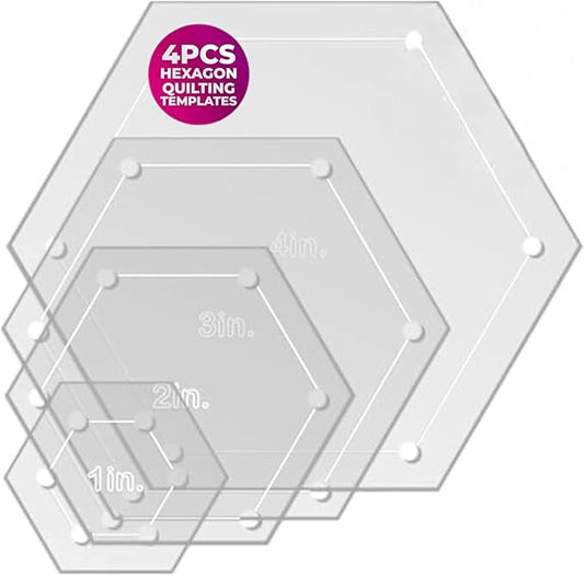 Hexagon Quilting Template Set - 4", 3", 2", 1" Sizes with 1/4" Seam Allowance - Durable Acrylic Templates for Quilting, Patchwork, Crafting, & Sewing Projects - Clear Templates for Accuracy