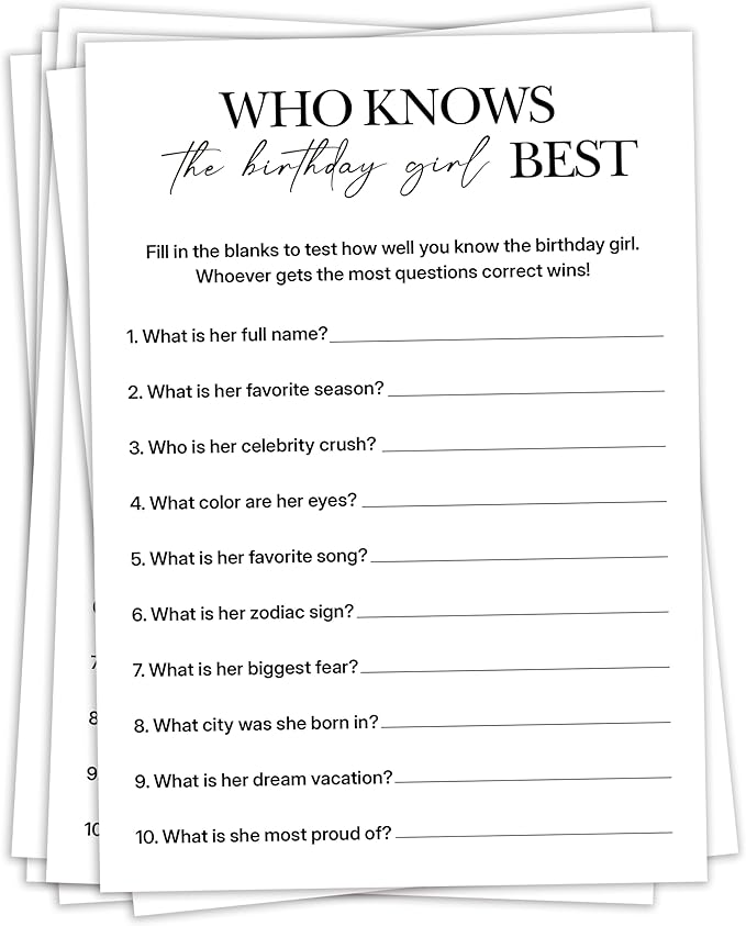 Birthday Party Games, Who Knows Her Best, 25 Pcs Card Set for Guests, Fun Birthday Game for Teen Adults – A05