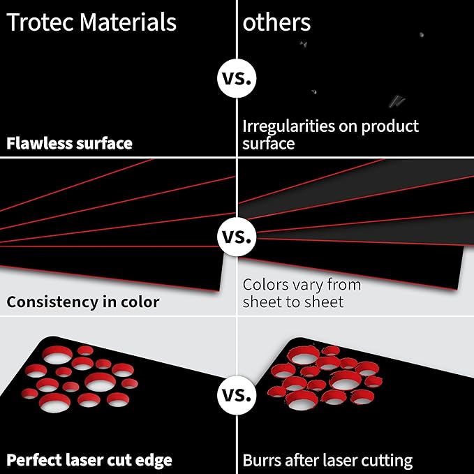 Trotec TroLase | 12"x20"x1/16", 4 Pcs | Black/Red | 2 Ply | Modified Acrylic | Laser Engraving Double Color Plastic Sheet | Engraving Blanks for Laser, Saw, Guillotine | Made in USA