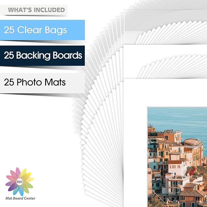 Mat Board Center, Pack of 25, 16x20 for 11x14 White Picture Mat Sets - Acid Free, 4-ply Thickness, Bevel Pre-Cut White Core - Includes Backing Boards and Clear Bags - for Pictures, Photos, Framing