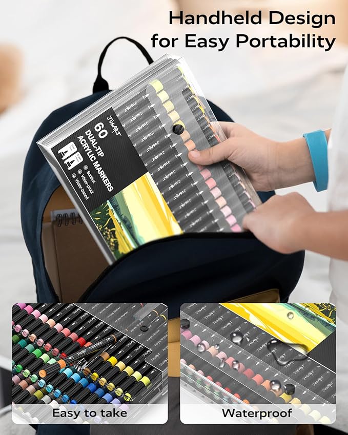 JusArt 48 Colors Dual Tip Acrylic Paint Pens Markers, Brush and Fine Tip, Premium Paint Pens for Wood, Canvas, Egg, Stone, Fabric, Rocks, Metal, Glass, Ceramic, DIY Crafts Making Art Supplies Gifts