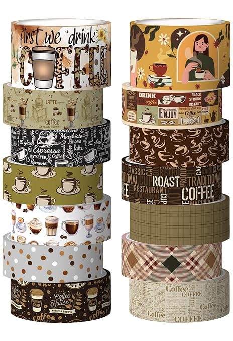 Coffee Themed Washi Tape Set, 14 Rolls Vintage Crafts Tape, Art Decorative Tape for Scrapbooking Supplies, Junk Journal, Bullet Journaling, Vision Board Supplies