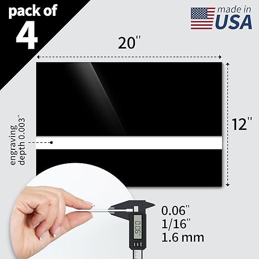 Trotec TroLase | 12"x20"x1/16", 4 Pcs | Gloss Black/White | 2 Ply | Modified Acrylic | Laser Engraving Double Color Plastic Sheet | Engraving Blanks for Laser, Saw, Guillotine | Made in USA