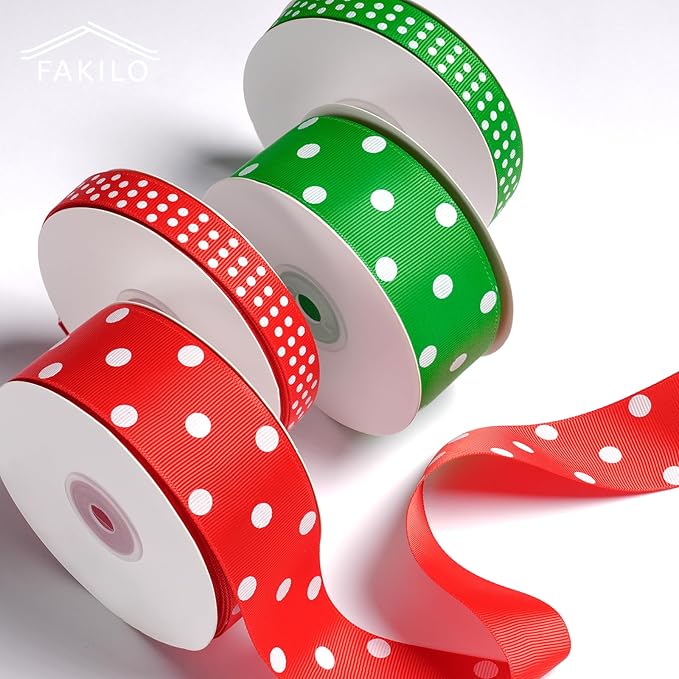 Polka Dot Grosgrain Ribbon 1.5 Inch, 25 Yards Spool Green and White Polka Dot Ribbon for Christmas Gift Wrapping DIY Crafts Hair Bows Wedding Party Decor Sewing and Home Decoration