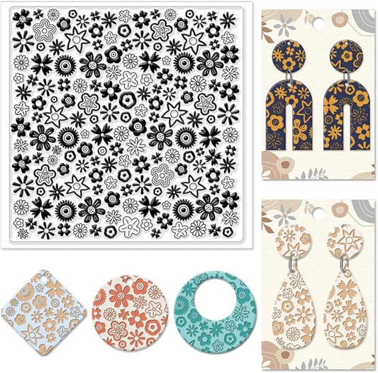 CHGCRAFT Polymer Clay Texture Sheets Cartoon Flowers Texture Stamp Sheets Silicone Texture Stamp Polymer Clay Texture Mat for Making Earrings Jewerly, Polymer Clay Earrings Tools