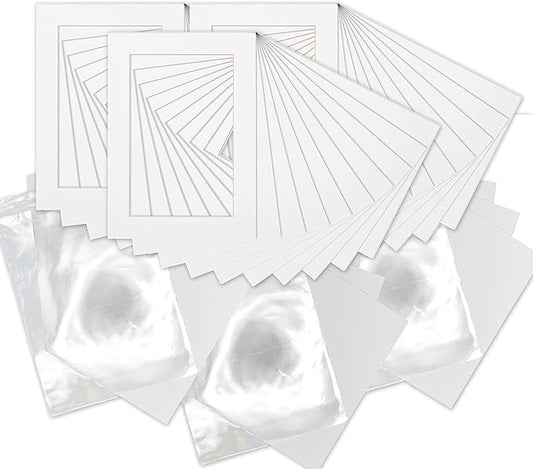 5.5x8.5 Mat for 8.5x11 Frame - Precut Mat Board Acid-Free Show Kit with Backing Board, and Clear Bags White 5.5x8.5 Photo Matte Made to Fit a 8.5x11 Picture Frame Matboard for Framing, Pack of 25 Mats