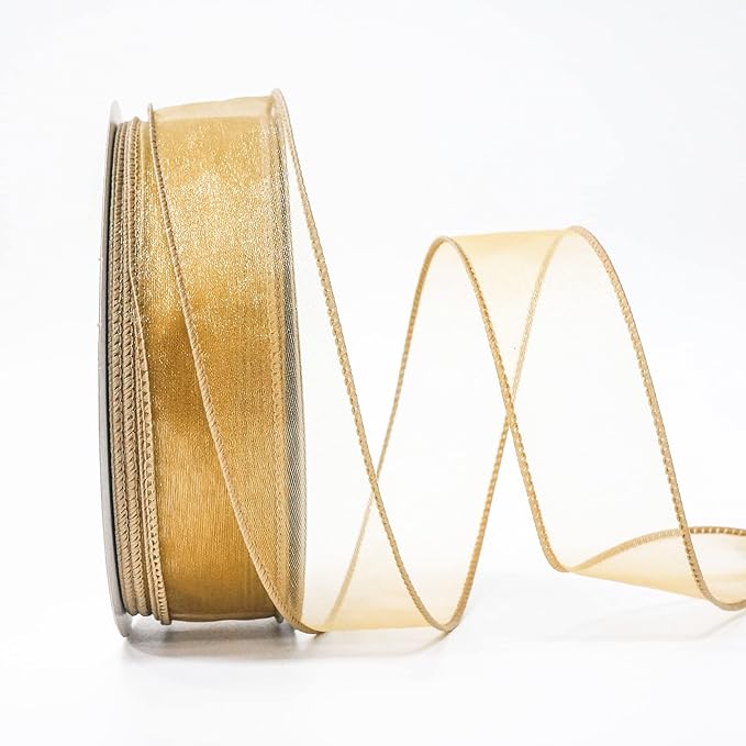 CT CRAFT LLC Sheer Organza Wired Ribbon 1.5" x 50Yards Tan (Gold) for Wedding Chair Bow Flora Bouquet Gift Wrapping Christmas Tree Home Decor Wreath