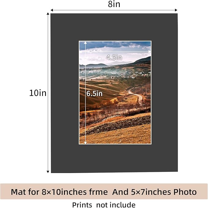 HOTUO 10 Pack Acid Free Black Picture Frame Mats, Pre-Cut 8x10 Picture Mats with Ivory Core Bevel Cut for 5x7 Photo, Signature Friendly 4 Ply Thickness Photo Mat for Frames/Artwork/Prints/Pictures