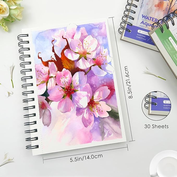 KOVIEDE 100% Cotton Watercolor Paper Pad - 30 Sheets 5.5"x8.5" Spiral Bound, 140lb/300gsm Cold Press Watercolor Sketchbook, Artist Quality Art Journal Supplies for Adults, Kids & Beginners, Purple