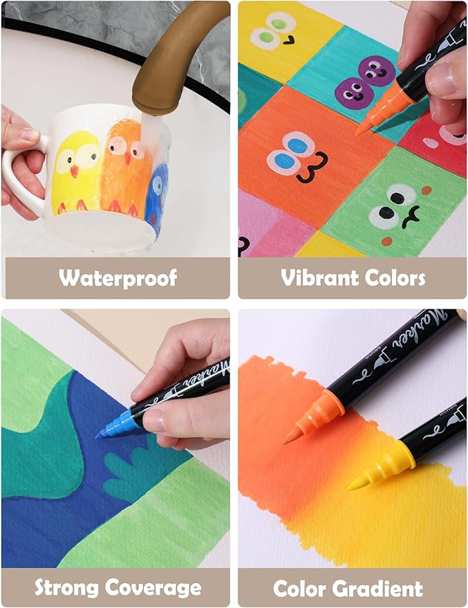 30 Colors Acrylic Paint Pens Markers Waterproof Dual Tip Acrylic Marker Set with Brush & Fine Tip Kid Markers for Rock Painting Wood Scrapbook Fabric Glass Ceramic DIY Craft Art Supplies