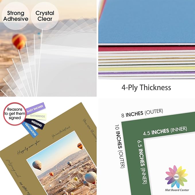 Mat Board Center, Pack of 10, 8x10 for 5x7 Mix Color Picture Mat Sets - Acid Free, 4-ply Thickness, Bevel Pre-Cut White Core - Includes Backing Boards and Clear Bags - for Pictures, Photos, Framing