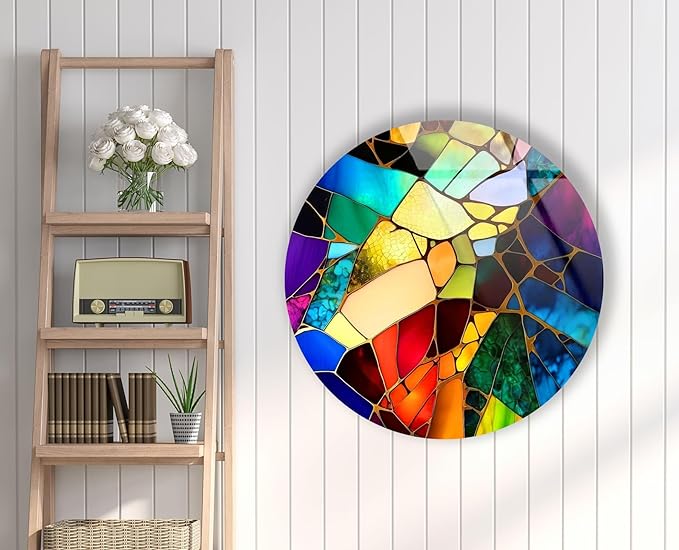 My Photostation.com 10''(25cm) Diameter Multicolor Round Stained Glass Wall Art Vibrant Mosaic Abstract Panel Tempered Glass Printing Wall Decor Large Wall Art Wall Hangings