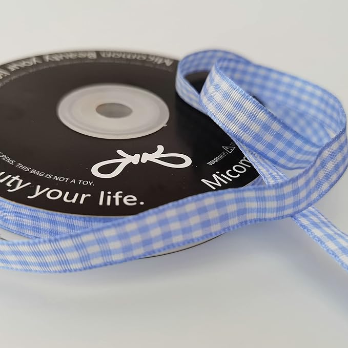 Light Blue Gingham Plaid Checked Ribbon 25 Yard Each Roll 100% Polyester (3/8", Lt.Blue)
