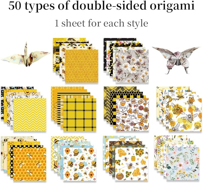Square Origami Paper 6x6 Double Sided 50 Sheets 50 Colors 70GSM Origami Kit Japanese Chiyo Easy Fold Arts Crafts DIY Handwork Beginner Bee