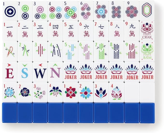 American Mahjong Tile Set,166 Tiles White Blue Acrylic Carving Tiles,Mahjong Game Set with Portable Travel case(Racks Not Included)