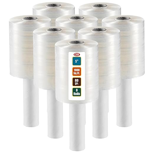 8 Pack Industrial Strength Mini Hand Stretch Wrap 5" 1000 Ft. Roll 80 Gauge Thick, Shrink Wrap Roll for Moving Supplies, Furniture, Pallets, Plastic Wrap for Packing, Heavy Duty Stretch Film