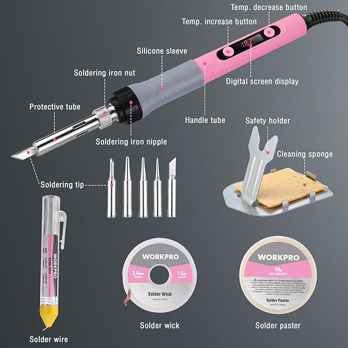 WORKPRO Soldering Iron Kit, 90W Soldering Gun with Digital Display, Iron Tips, 11-in-1 Adjustable Temperature Welding Kit for Electronic Repair, DIY Enthusiasts(110V US Plug,Pink)