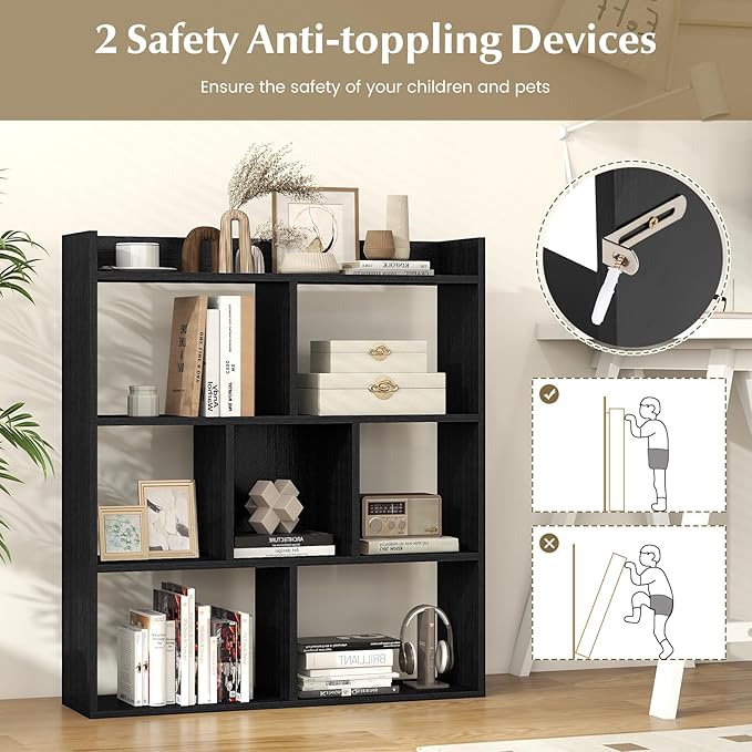 Giantex 7 Cubes Bookshelf, Free-Standing Wooden Bookcase, 4 Tier Home Display Shelf, Horizontal Storage Unit w/Anti-Toppling Devices, Open-Back Display Rack for Study, Living Room (1, Black)