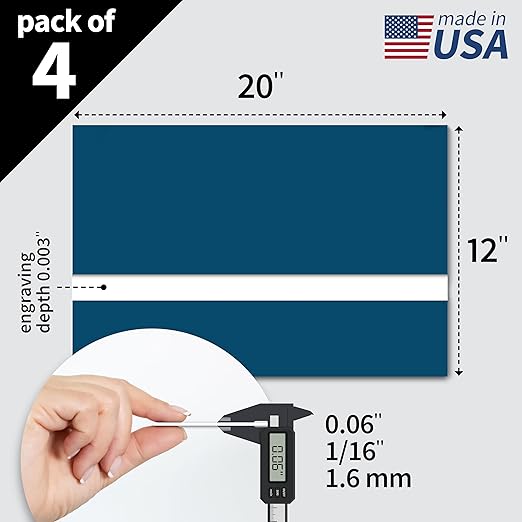 Trotec TroLase | 12"x20"x1/16", 4 Pcs | Blue/White | 2 Ply | Modified Acrylic | Laser Engraving Double Color Plastic Sheet | Engraving Blanks for Laser, Saw, Guillotine | Made in USA