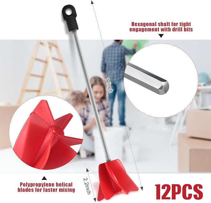 Loosh 12 Pcs 11 Inch Paint Stirrer for Drill, Paint Mixer Attachment, Helix Epoxy Mixer for Concrete Resin Silicone Stirrer Paddle Works with Most Drills
