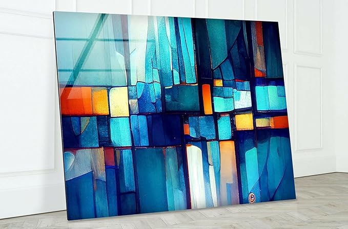 My Photostation.com 60WX40H'' Blue Vibrant Stained Glass Wall ArtTempered Glass Printing Wall Decor Large Wall Art Wall Hangings