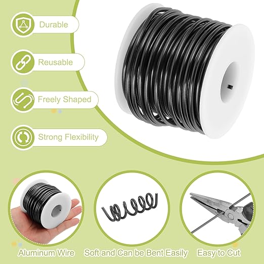 MECCANIXITY 9 Gauge Anodized Aluminum Craft Wire Bendable Bonsai Training Wire 56 Feet 3mm for Sculpting Crafts Wreath Floral Beading Jewelry Making, Black
